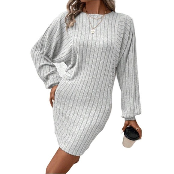 Grey Batwing Long Sleeve Ribbed Knit Bodycon Sweater Dress - Picture 6 of 7